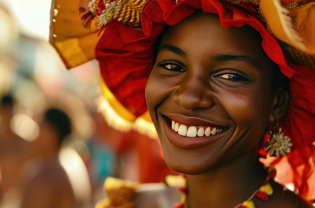 une fille de carnaval souriant à la caméra lors d'un défilé