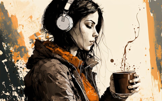 Fille avec casque écoute de la musique et boit une illustration aquarelle de café