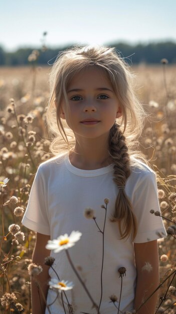 Fille caucasienne en T-shirt blanc et jeans sur le fond du champ d'été