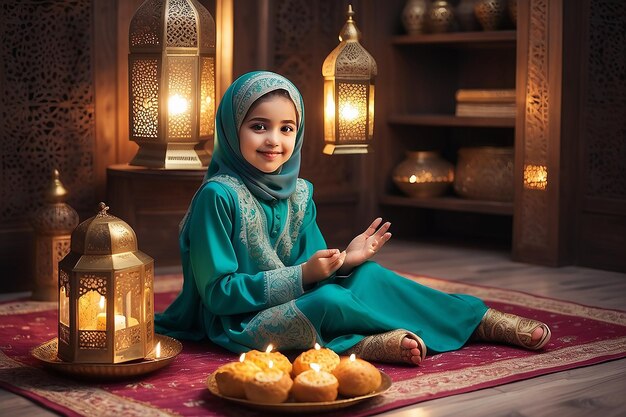 Photo une fille célèbre le ramadan et l'aïd.