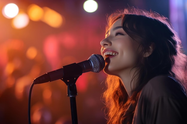 Une fille chante lors d'un concert en plein air.