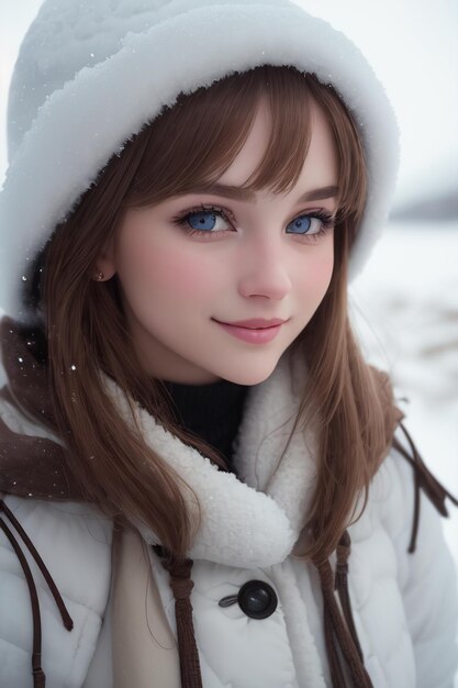 Une fille avec un chapeau blanc et des yeux bleus.