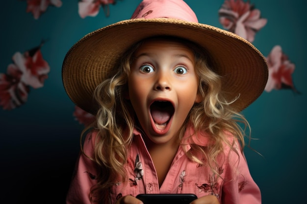 Fille avec un chapeau drôle faisant un visage à un smartphone dans le style de teal et rose