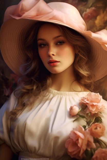 Une fille avec un chapeau avec une fleur rose dessus