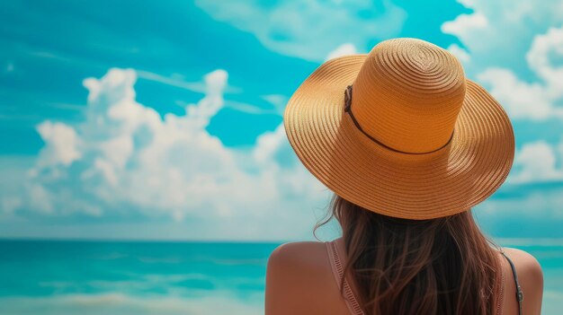 Photo une fille en chapeau et en maillot de bain se détend dans la nature pendant ses vacances en voyageant le long des plages sous le ciel bleu