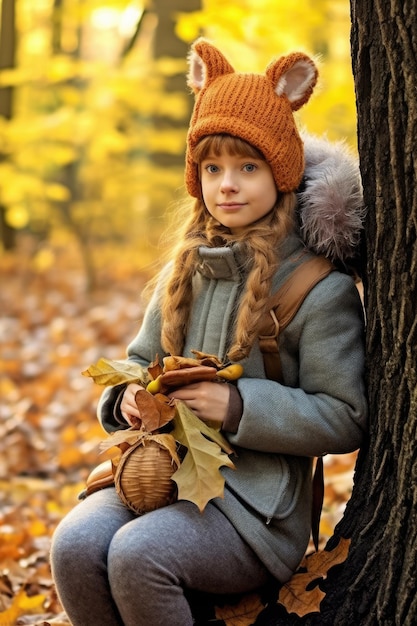 une fille avec un chapeau et un manteau assise près d'un arbre