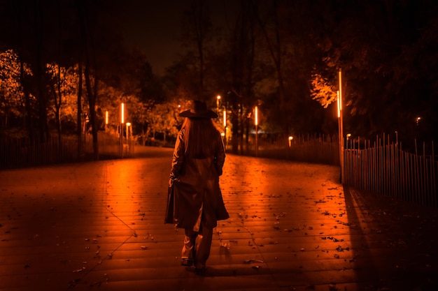 Fille avec un chapeau marchant calmement dans un parc une nuit d'hiver