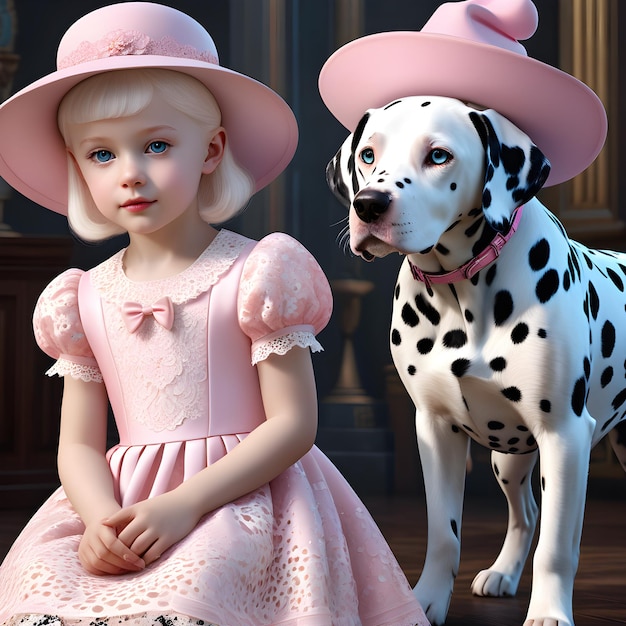 Photo une fille avec un chapeau rose et un chien dalmatien