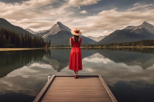 Fille avec un chapeau de tige et une robe rouge regardant le reflet des montagnes sur le lac en haute montagne