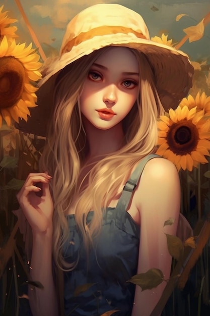 Une fille avec un chapeau et un tournesol