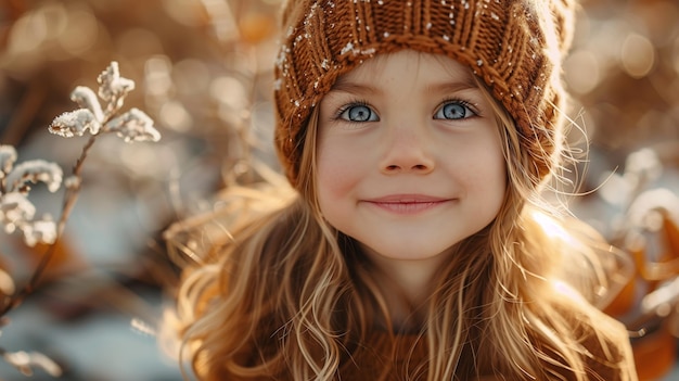 Une fille avec un chapeau tricoté éclaire un sourire joyeux à la caméra