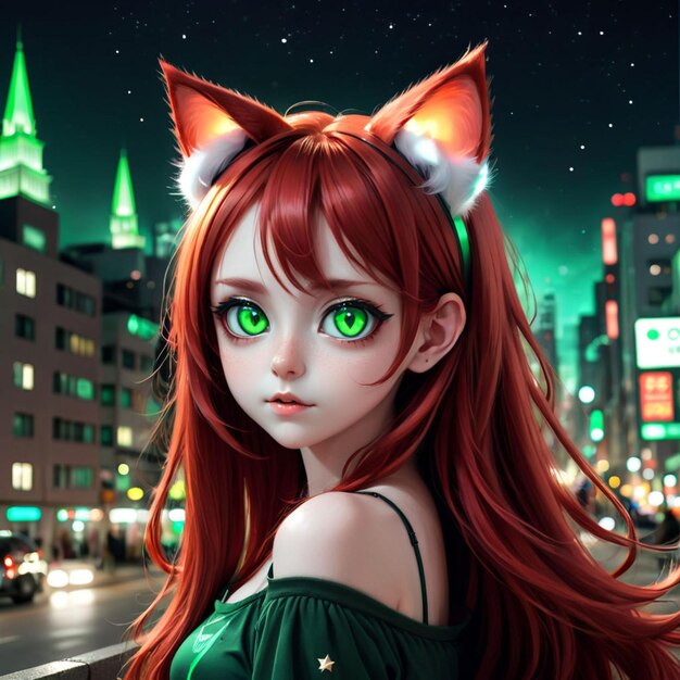 Photo fille de chat oreilles longues cheveux rouges verts grands yeux aller à la ville étoile de nuit