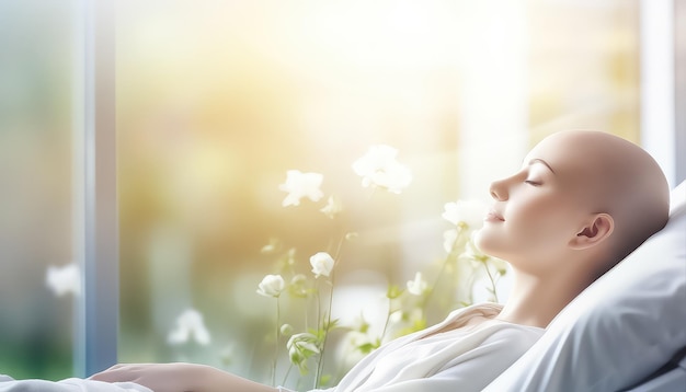 Fille chauve assise sur un lit à l'hôpital concept de la journée mondiale du cancer