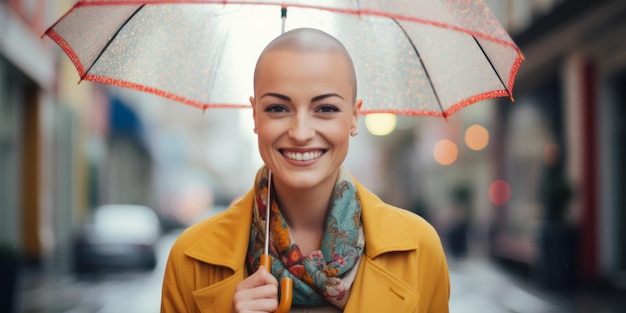 Une fille chauve avec un parapluie dans les mains se tient dans la rue par temps de pluie AI générative