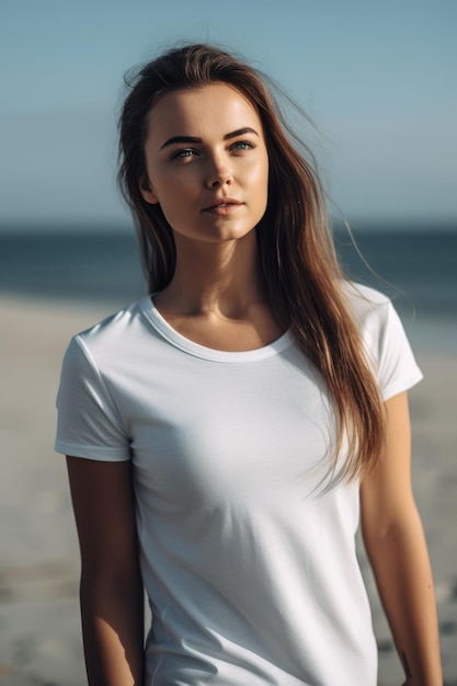 Une fille en chemise blanche se tient sur la plage