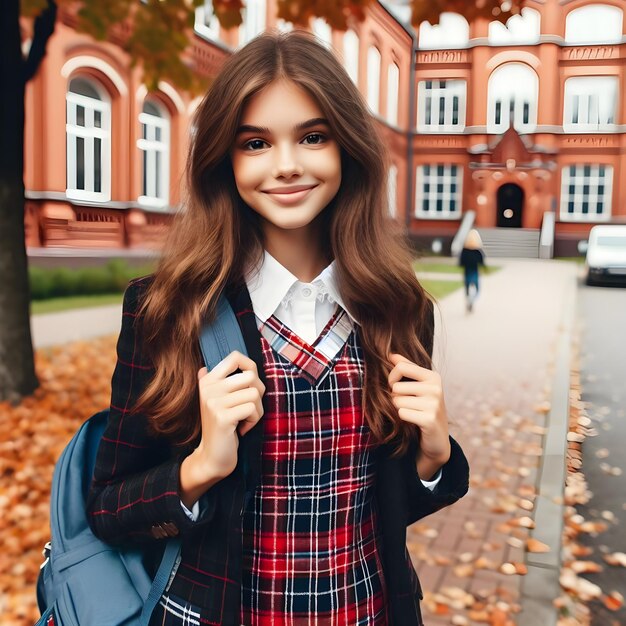 Une fille avec une chemise à carreaux et une veste