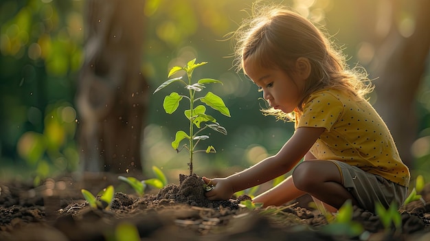 Photo une fille en chemise jaune plante un jeune arbre jour de la terre