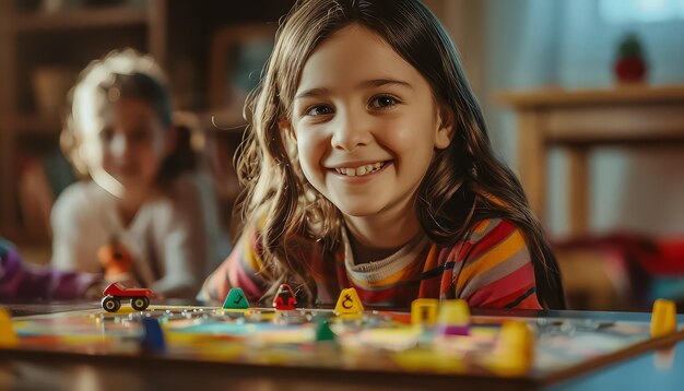 Une fille en chemise jaune sourit et joue à un jeu avec d'autres enfants.