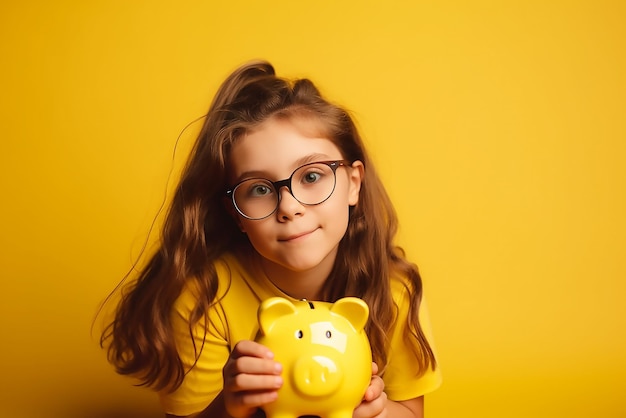 Une fille en chemise jaune tient une tirelire devant un fond jaune.