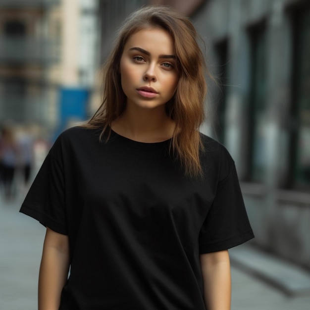 Une fille en chemise noire se tient dans une rue.