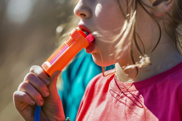 une fille avec une chemise rouge qui a une poignée rouge sur sa bouche