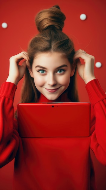 Une fille en chemise rouge tient un téléphone rouge.