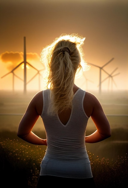 Une fille en chemise de sport et cheveux bouclés longs regarde le sol dans d'énormes moulins à vent au coucher du soleil