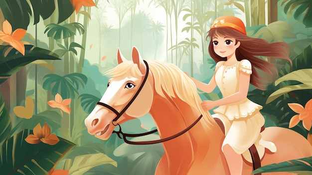 Fille à cheval blanc dans la forêt Illustration pour enfants