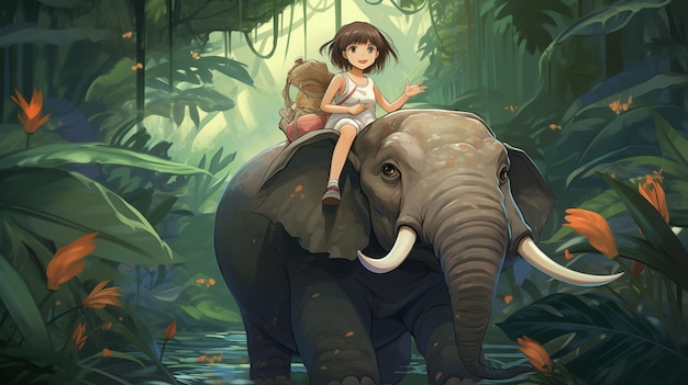 Une fille à cheval sur un éléphant dans la forêt illustration pour enfants
