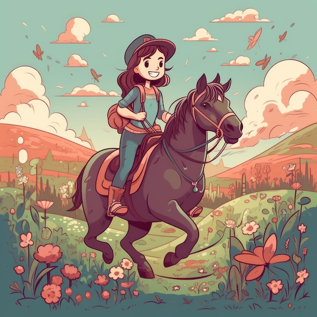 Une fille à cheval sur une illustration de dessin animé de cheval avec une IA générative