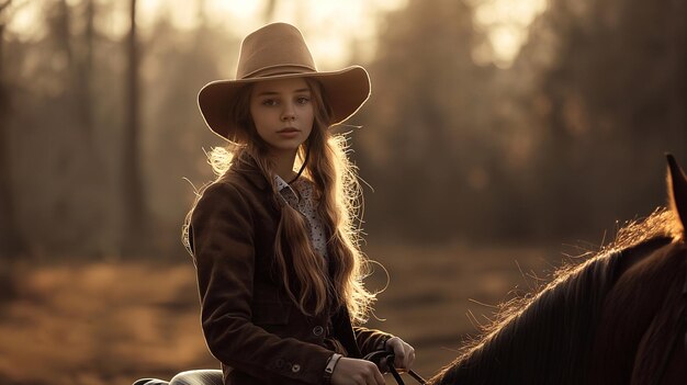 Une fille à cheval Portrait rapproché d'un adolescent dans un village au coucher du soleil La beauté de la vie à la campagne