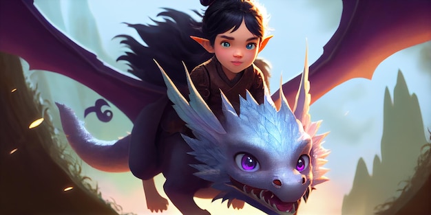 Une fille chevauchant un dragon aux yeux bleus