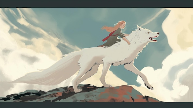 Une fille chevauchant un loup blanc Illustration pour enfants