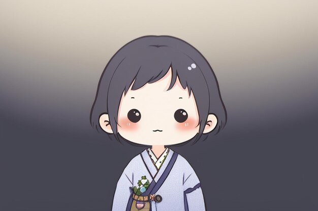 Fille chibi de dessin animé portant un Hanfu chinois ancien avec de petites décorations florales dans ses cheveux