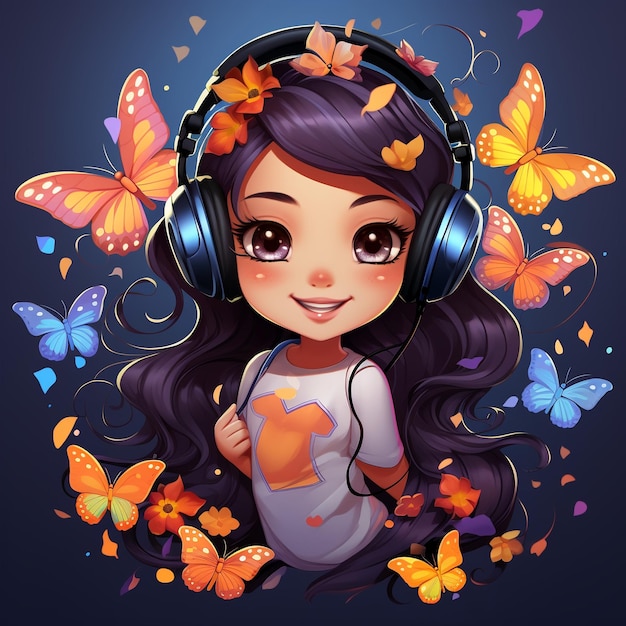 Une fille Chibi avec des écouteurs 3D et une mascotte de papillons dansant dans le style vectoriel