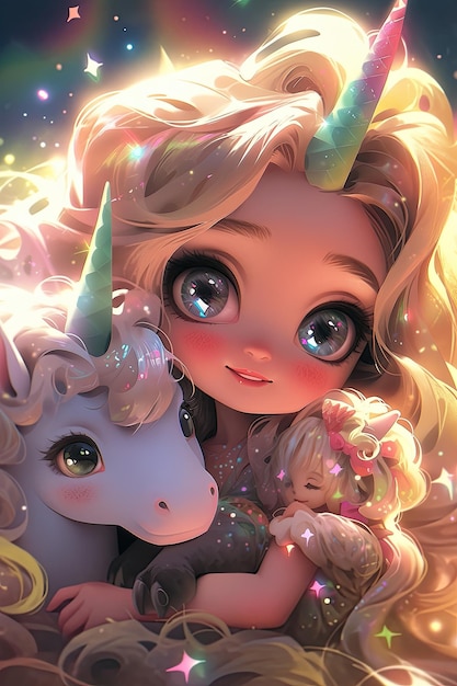 Photo fille chibi avec licorne arc-en-ciel romantique universitaire fantasy art conceptuel magique