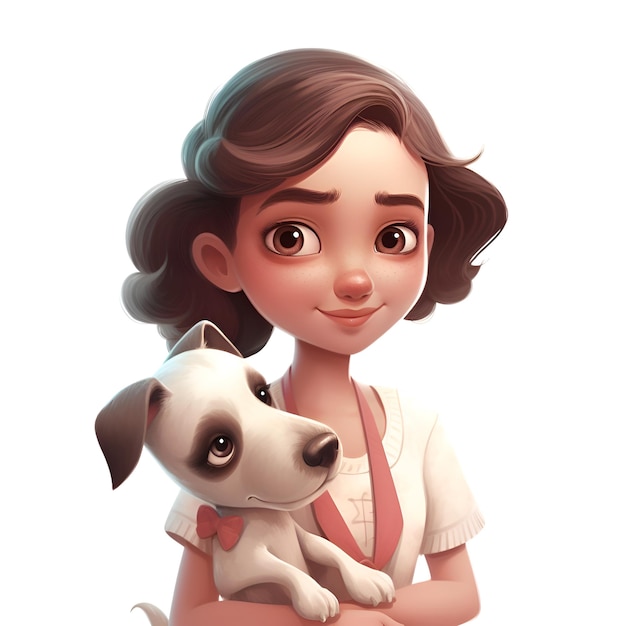 Fille avec un chien sur fond blanc rendu 3d