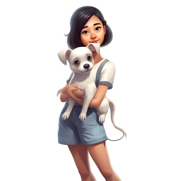 Fille avec un chien sur un fond blanc rendu 3D