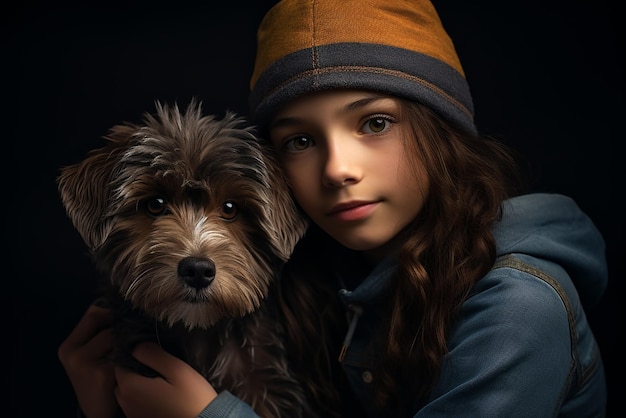 Photo une fille et un chien sur fond noir