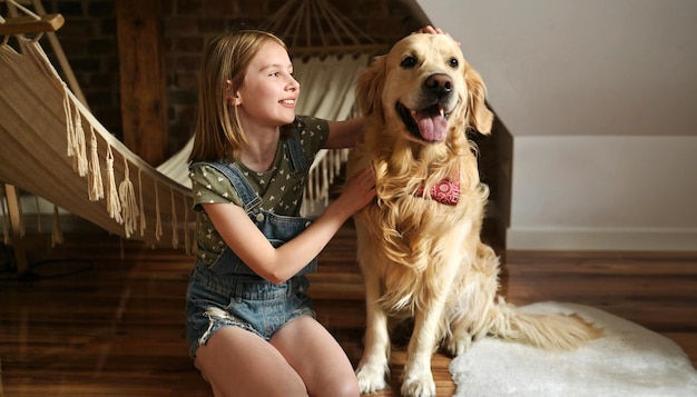 Une fille avec un chien golden retriever assis ensemble au sol à la maison avec un hameau assez préadolescent