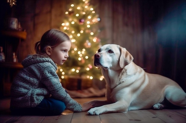 une fille avec un chien près de l'arbre de Noël