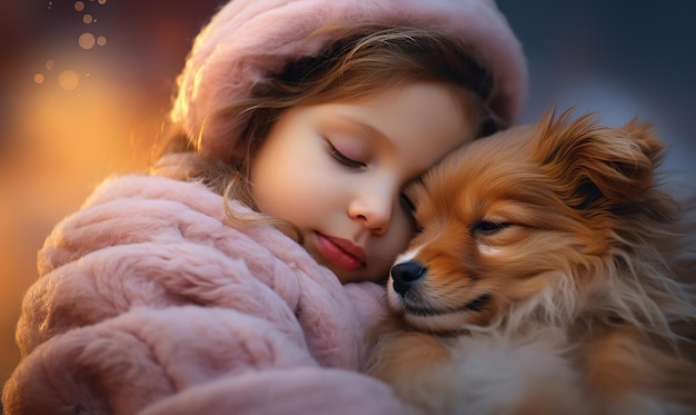 Photo une fille et un chien se câlinent et la fille porte une couverture rose