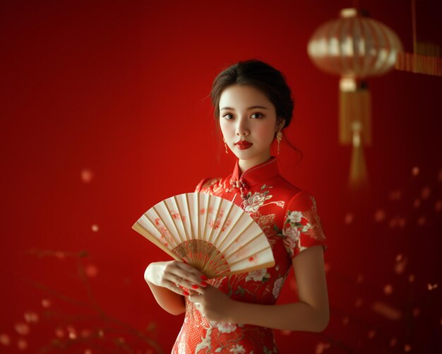 Photo fille chinoise à cheongsam pour le concept chinois de bonne année