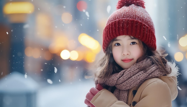 Fille chinoise debout dans les rues de l'année d'hiver le concept de la nouvelle année
