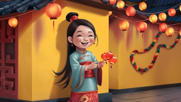 La fille chinoise heureuse sur le mur jaune