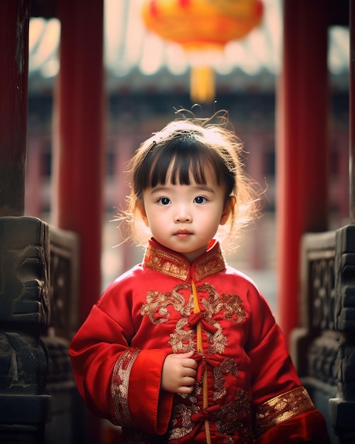 Fille chinoise portant une robe chinoise comme concept du Nouvel An chinois debout dans une maison traditionnelle chinoise