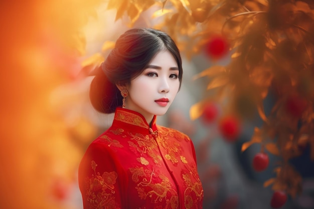 Fille chinoise en robe rouge dans le jardin d'automne Portrait du festival du style de la mode Générez Ai