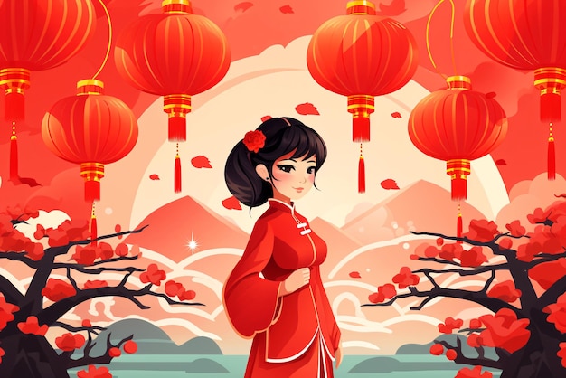 Photo fille chinoise en robe rouge traditionnelle avec des lanternes et des arbres