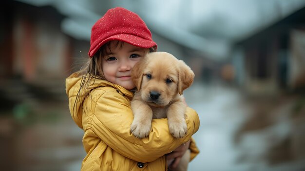 Une fille avec un chiot de Labrador dans les bras.