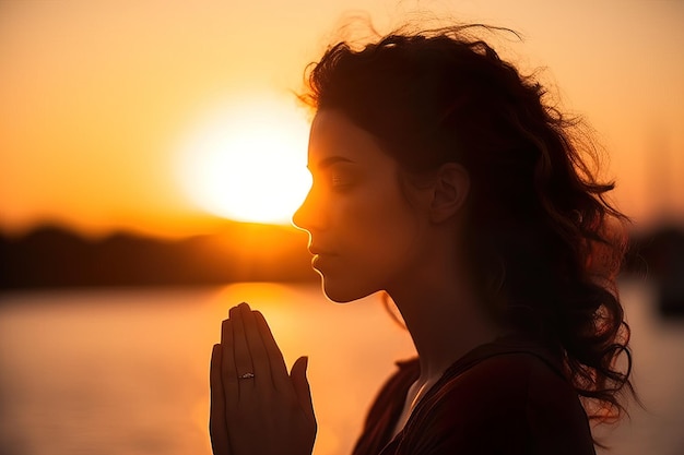 Fille chrétienne priant au coucher du soleil